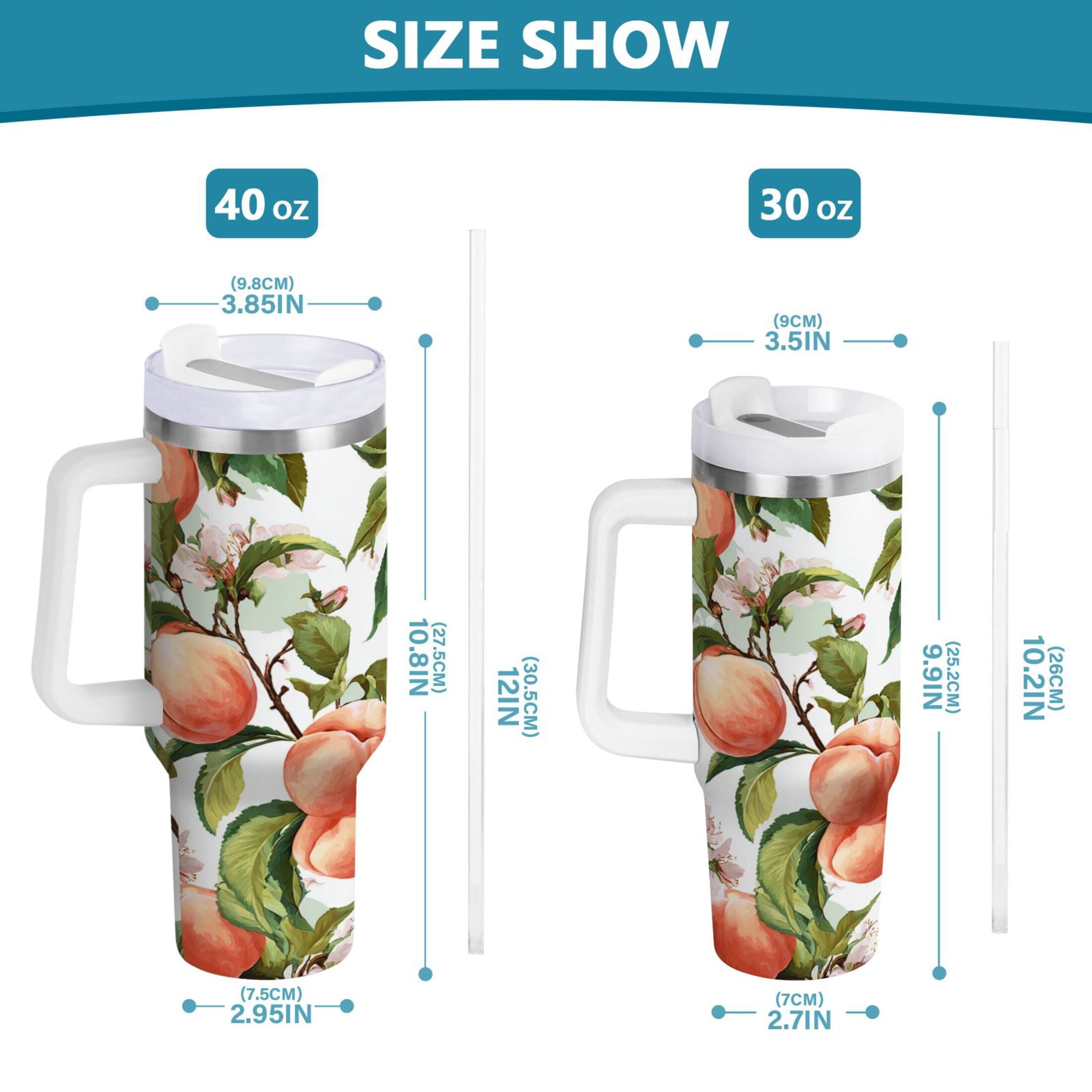 30 oz Insulated Stainless Steel Tumbler Double Wall Stainless Steel Tumbler with 2-Way Drinking Peach Fruit Pattern M503F