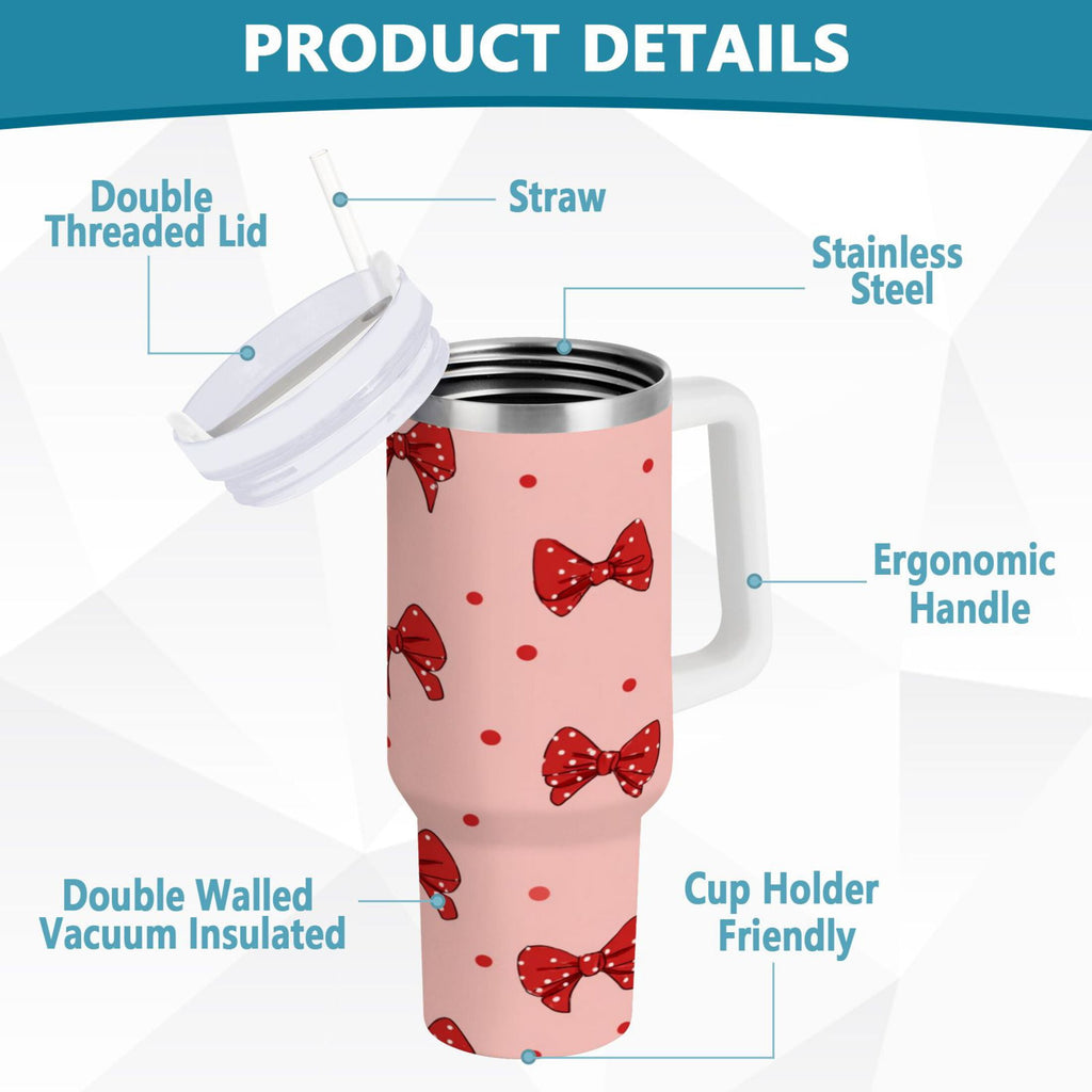 40 oz Insulated Stainless Steel Tumbler Double Wall Stainless Steel Tumbler with 2-Way Drinking Red Bows and Polka Dots M531W