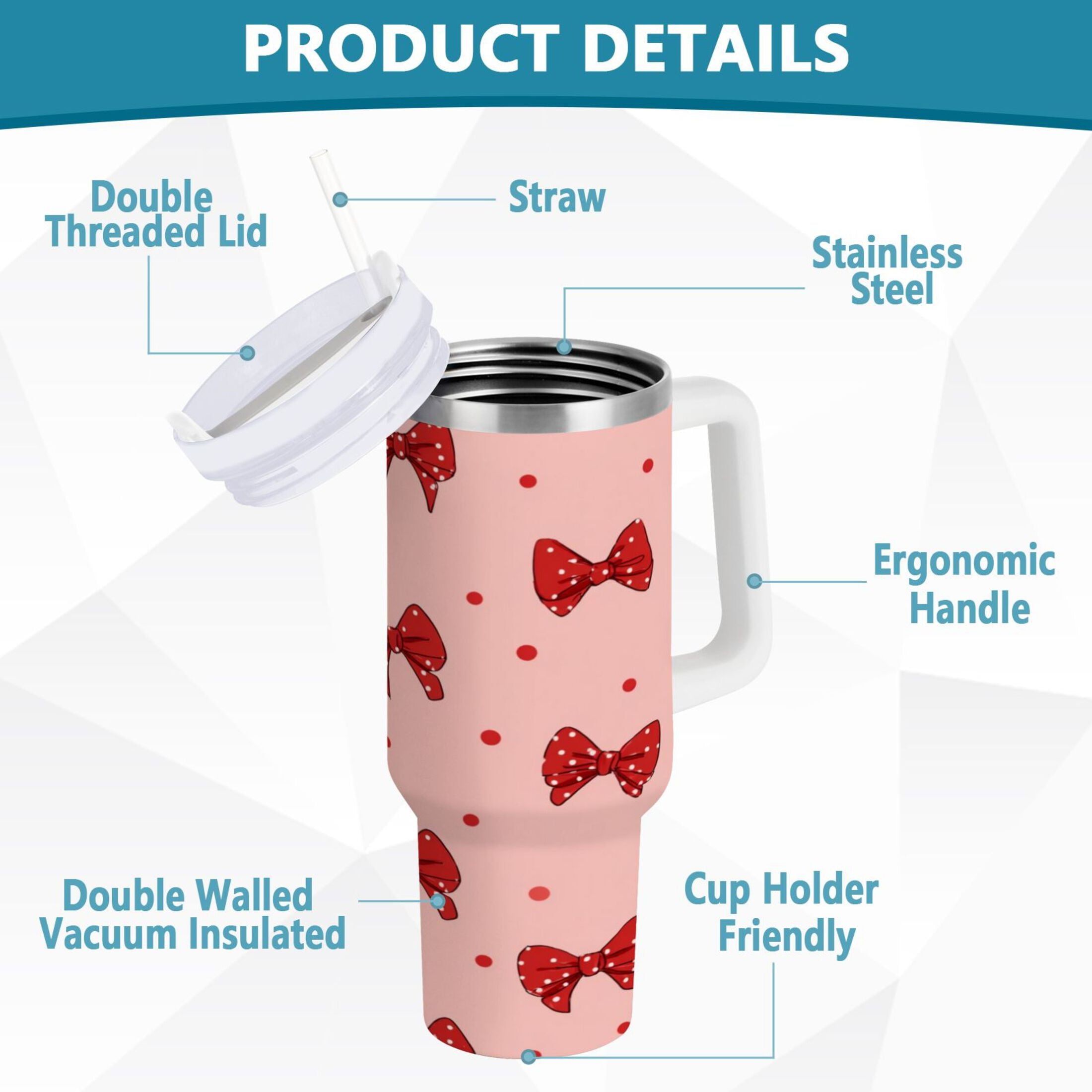 40 oz Insulated Stainless Steel Tumbler Double Wall Stainless Steel Tumbler with 2-Way Drinking Red Bows and Polka Dots M531W