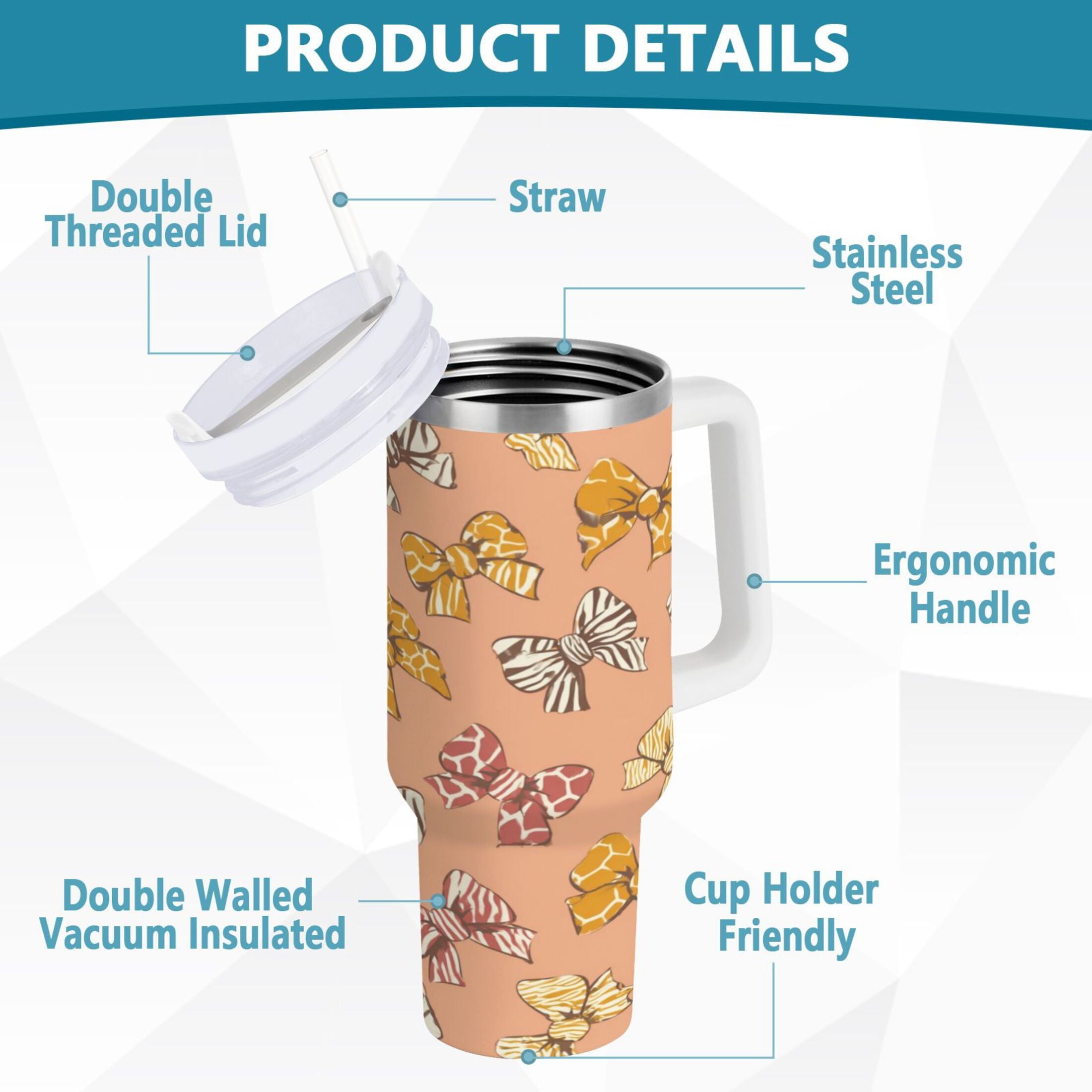 40 oz Insulated Stainless Steel Tumbler Double Wall Stainless Steel Tumbler with 2-Way Drinking Cute Animal Print Bows M678A