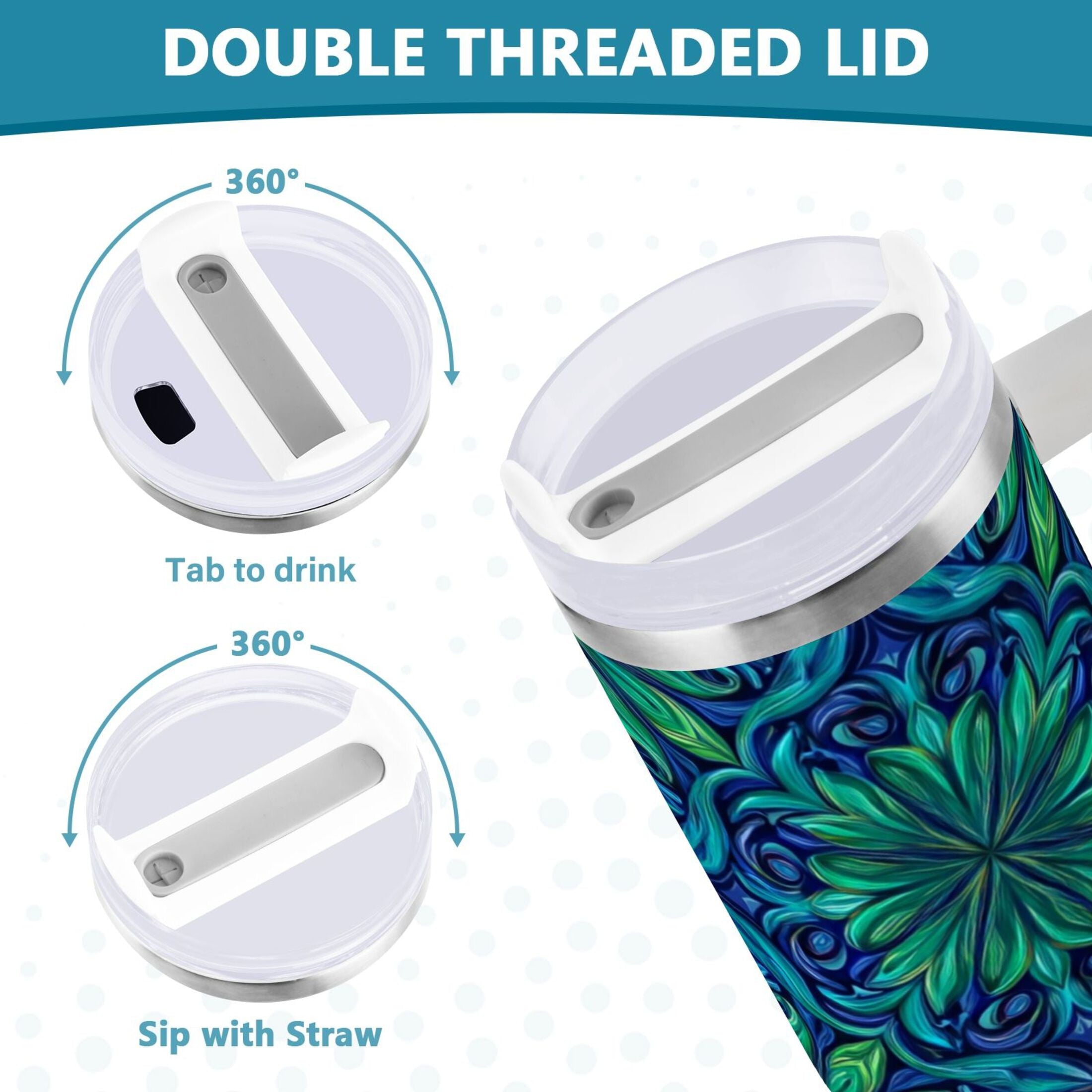 40 oz Insulated Stainless Steel Tumbler Double Wall Stainless Steel Tumbler with 2-Way Drinking Elegant Blue Traditional Patterns M603U