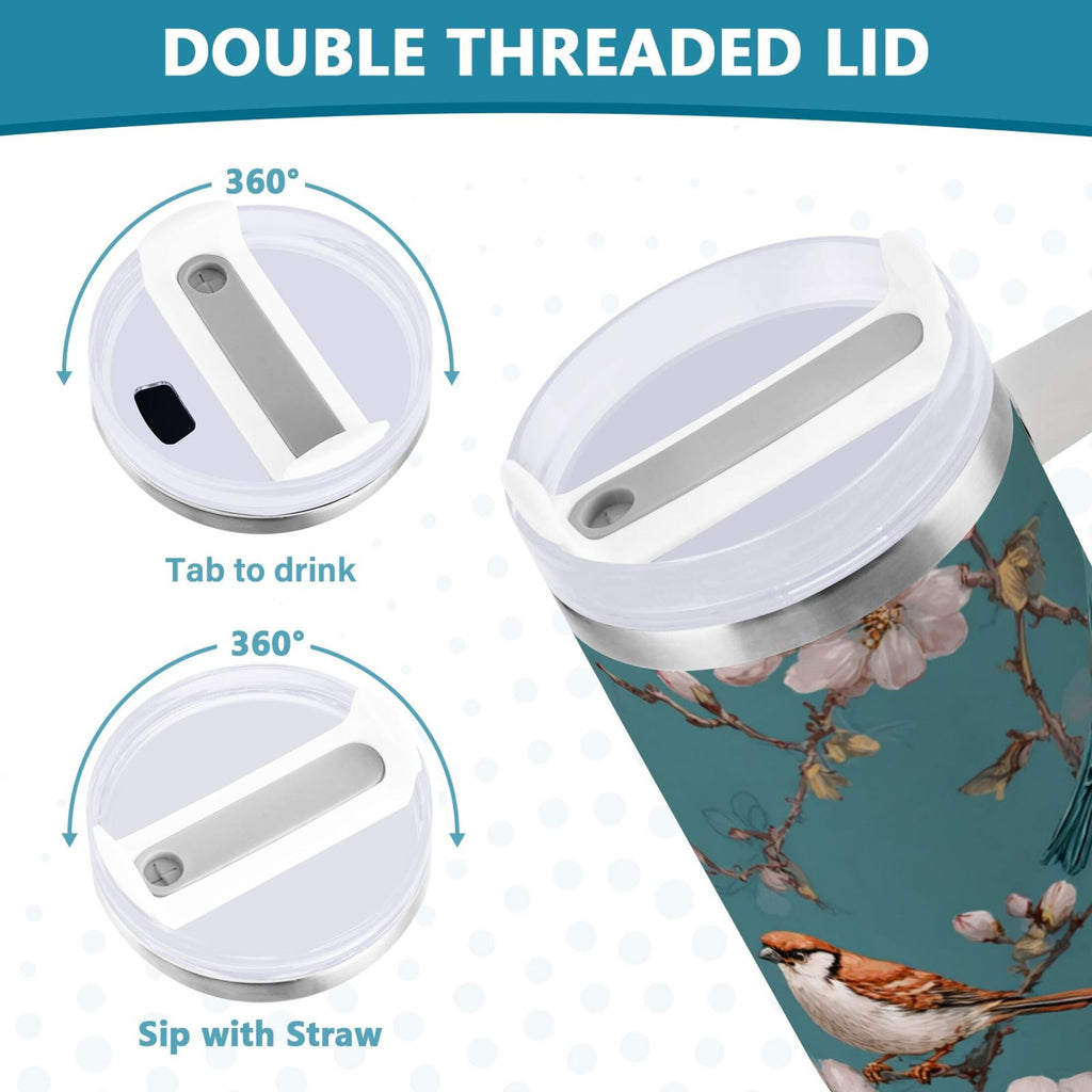 30 oz Insulated Stainless Steel Tumbler Double Wall Stainless Steel Tumbler with 2-Way Drinking Birds and Cherry Pattern M537H