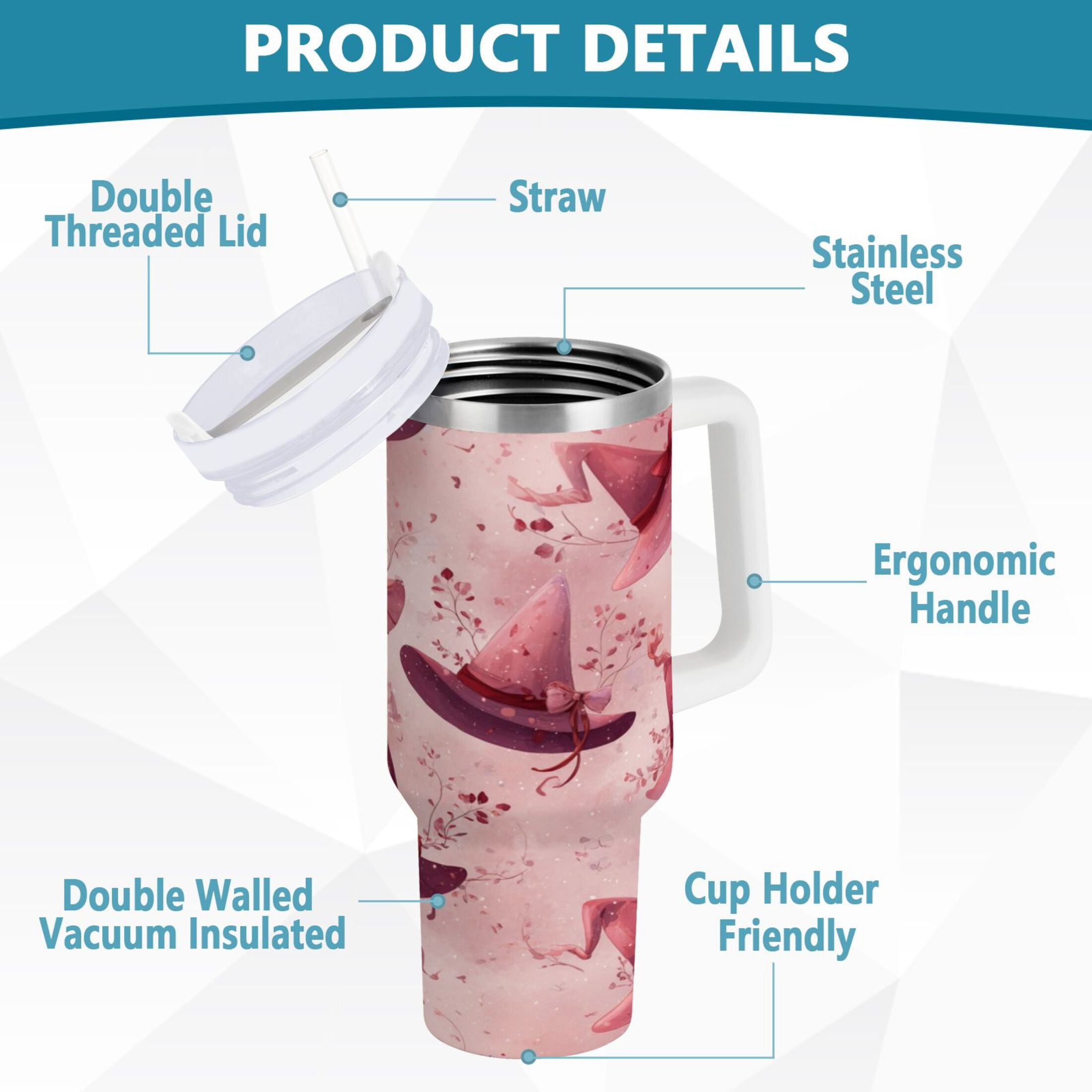 30 oz Insulated Stainless Steel Tumbler Double Wall Stainless Steel Tumbler with 2-Way Drinking Hats with Delicate Bows M679V