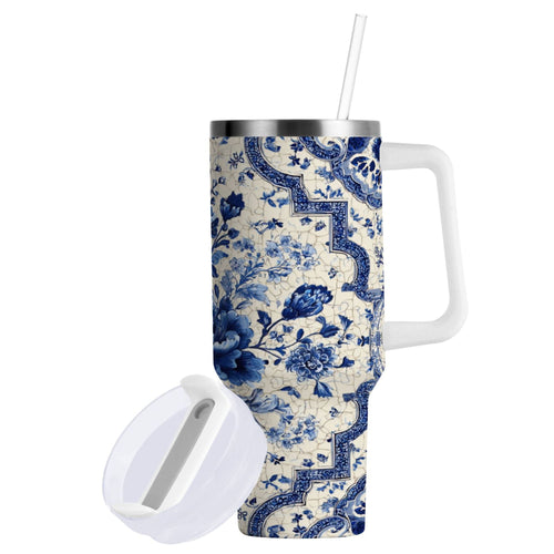 30 oz Insulated Stainless Steel Tumbler Double Wall Stainless Steel Tumbler with 2-Way Drinking Blue and White Porcelain-style M576Y