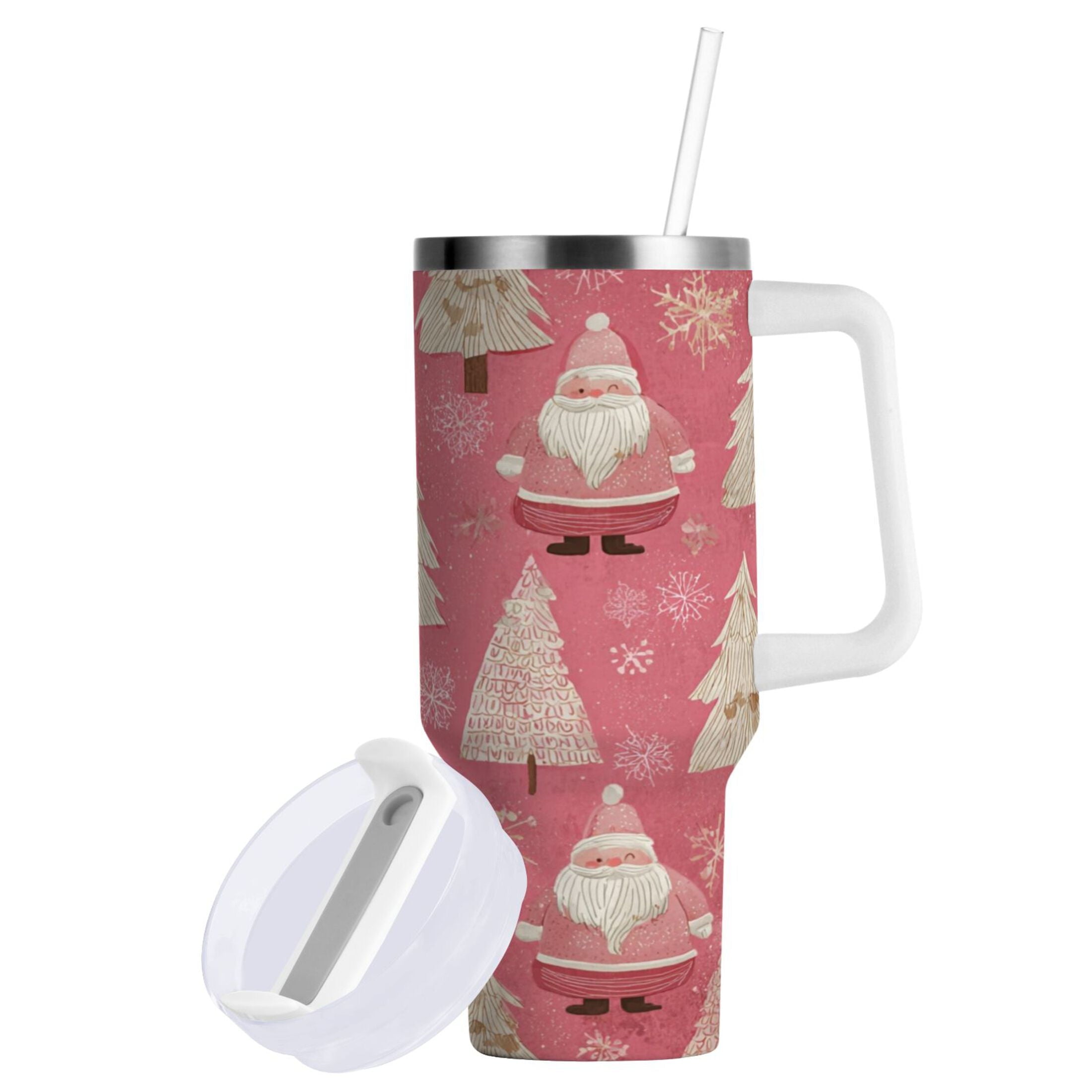 40 oz Insulated Stainless Steel Tumbler Double Wall Stainless Steel Tumbler with 2-Way Drinking Pink Santa Claus Pattern M527N
