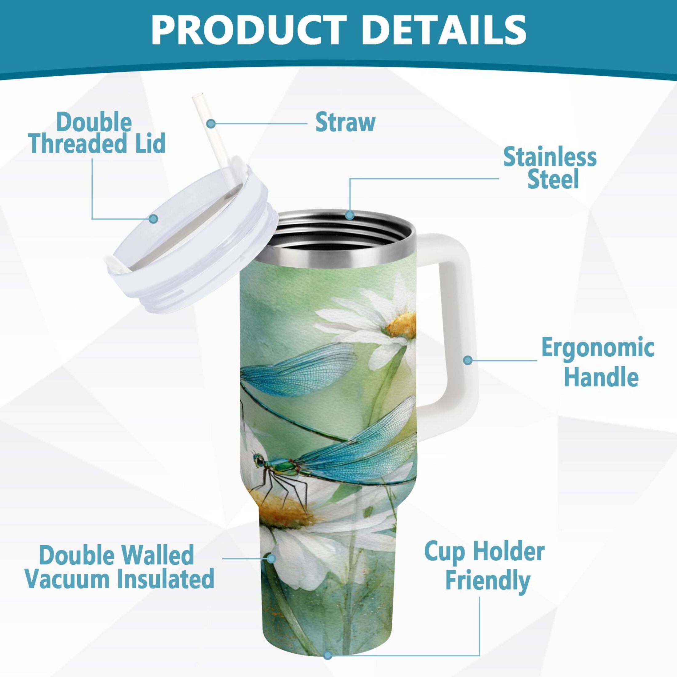 30 oz Insulated Stainless Steel Tumbler Double Wall Stainless Steel Tumbler with 2-Way Drinking Beautiful Dragonflies and Daisies M638D
