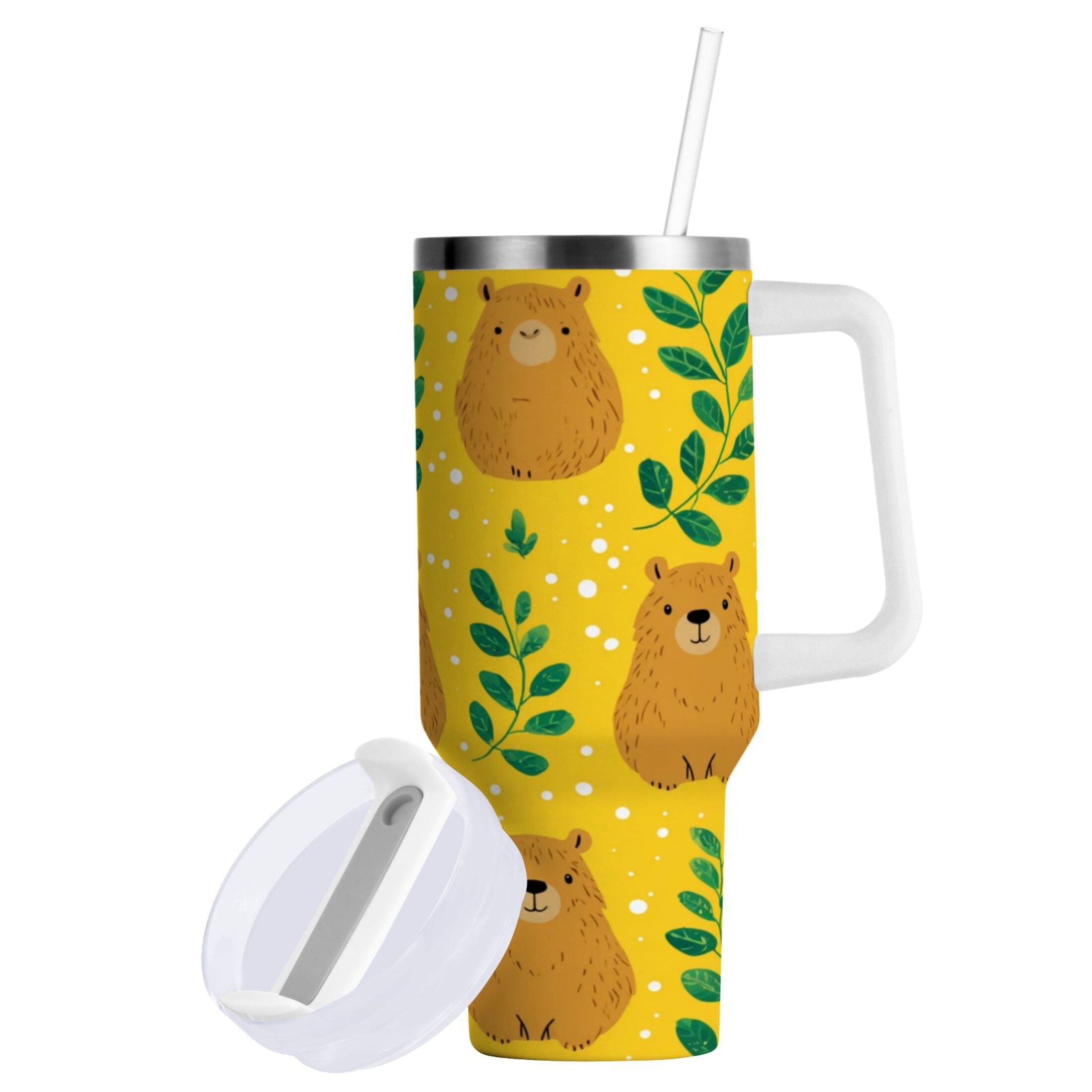 30 oz Insulated Stainless Steel Tumbler Double Wall Stainless Steel Tumbler with 2-Way Drinking Capybara and Green Leaves M658Z