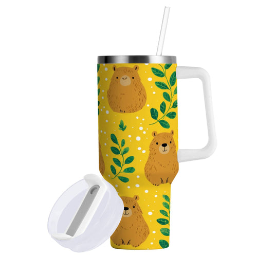 30 oz Insulated Stainless Steel Tumbler Double Wall Stainless Steel Tumbler with 2-Way Drinking Capybara and Green Leaves M658Z