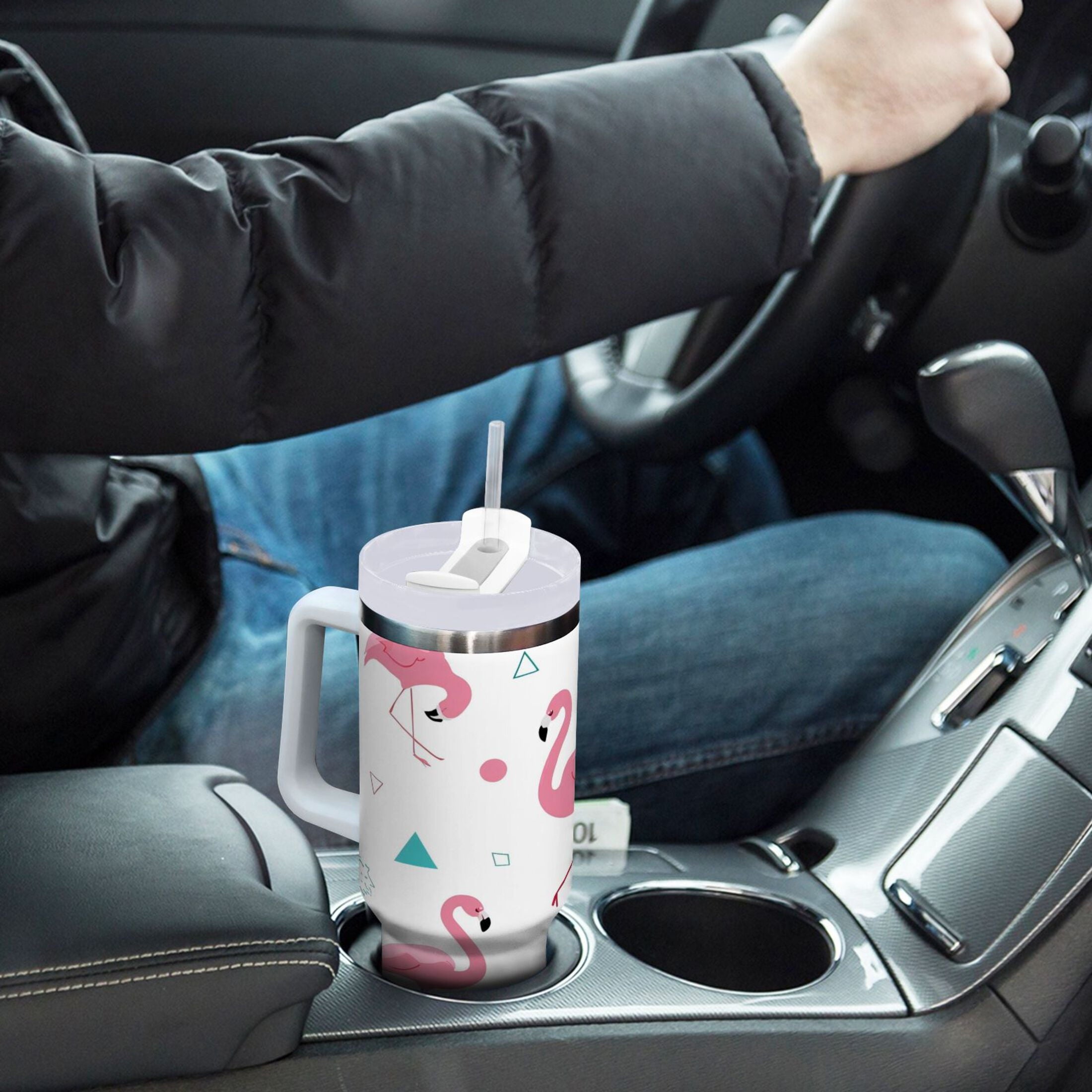 40 oz Insulated Stainless Steel Tumbler Double Wall Stainless Steel Tumbler with 2-Way Drinking Cute Flamingo Pattern M502X