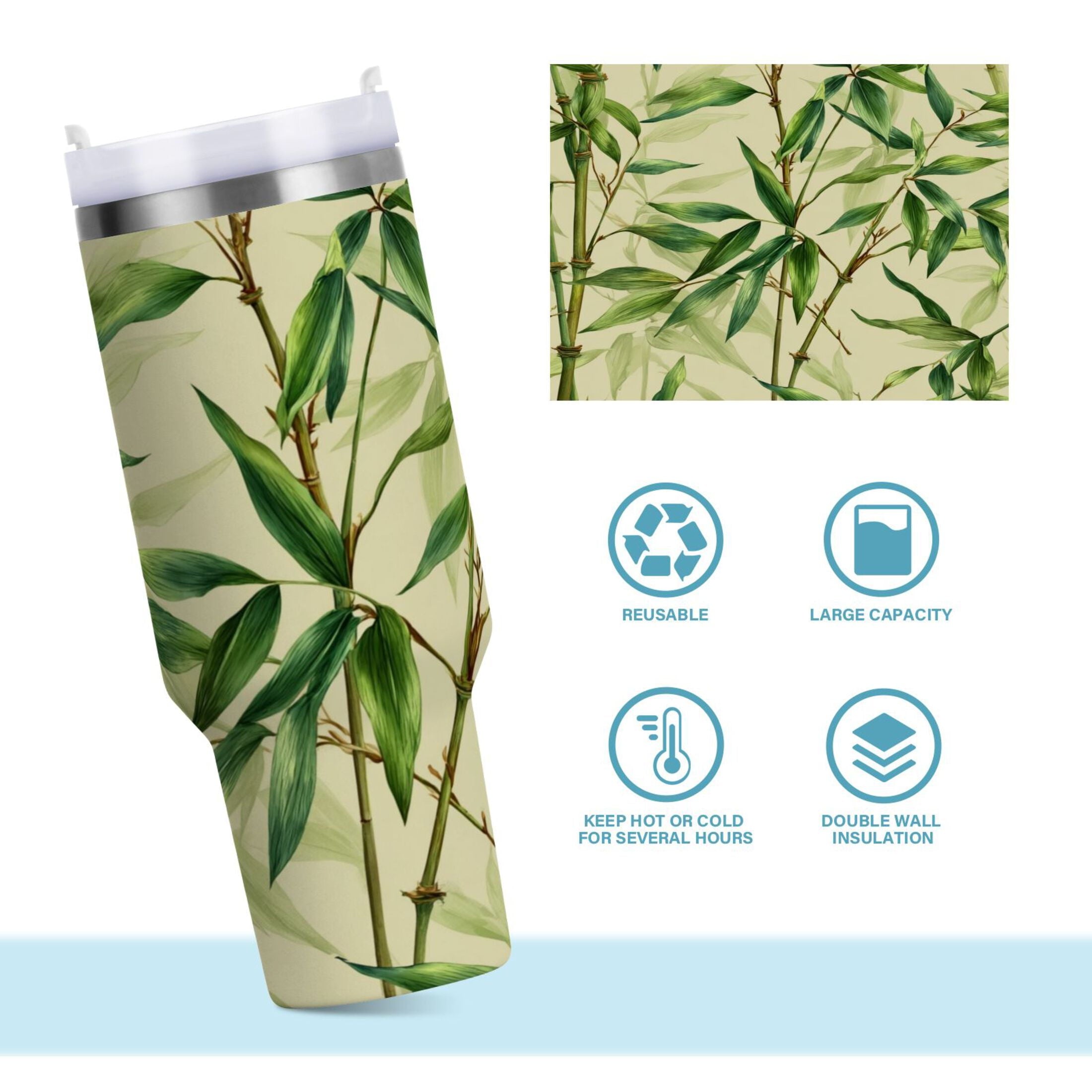 30 oz Insulated Stainless Steel Tumbler Double Wall Stainless Steel Tumbler with 2-Way Drinking Bamboo Pattern M558P