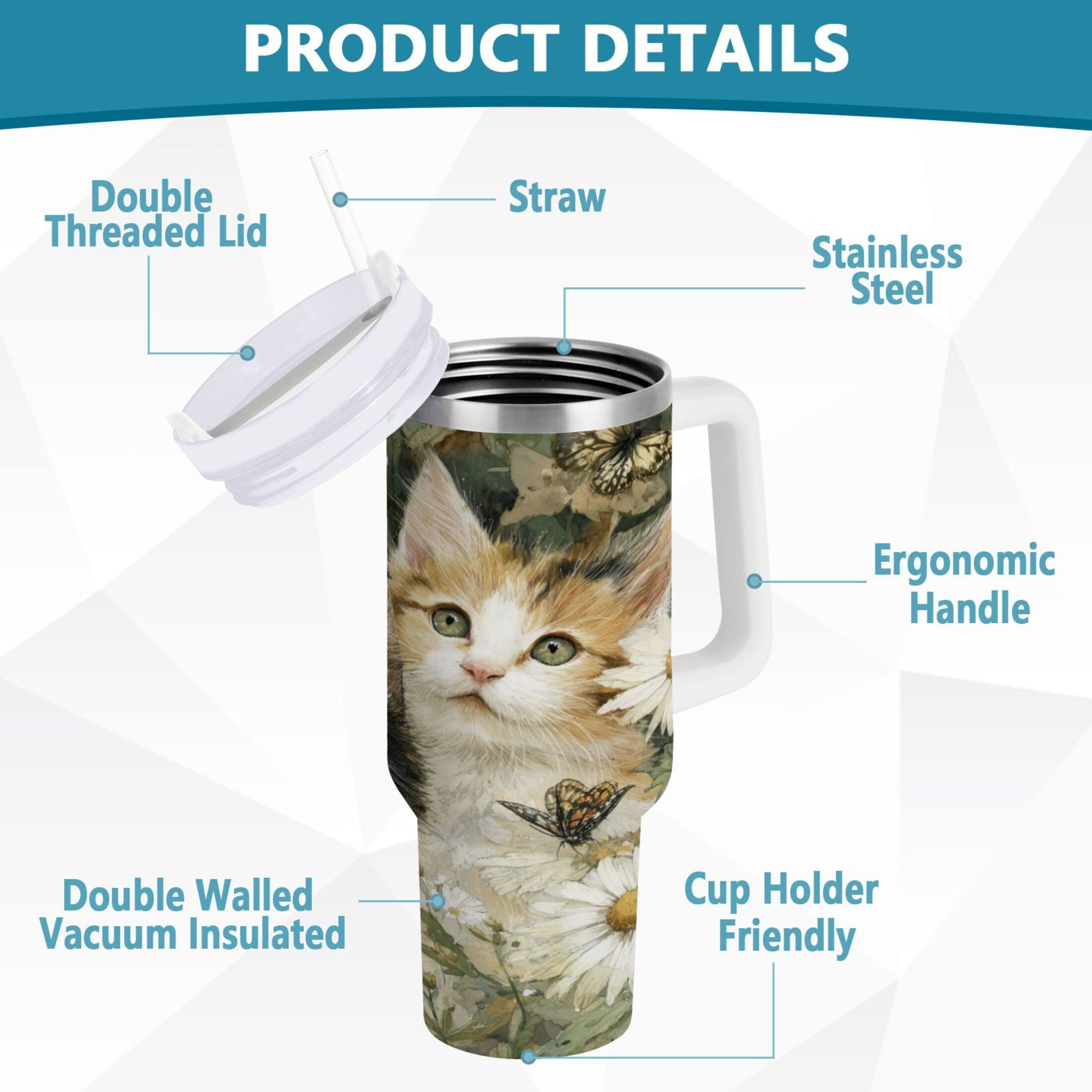 30 oz Insulated Stainless Steel Tumbler Double Wall Stainless Steel Tumbler with 2-Way Drinking Adorable Cats and Daisies M602D