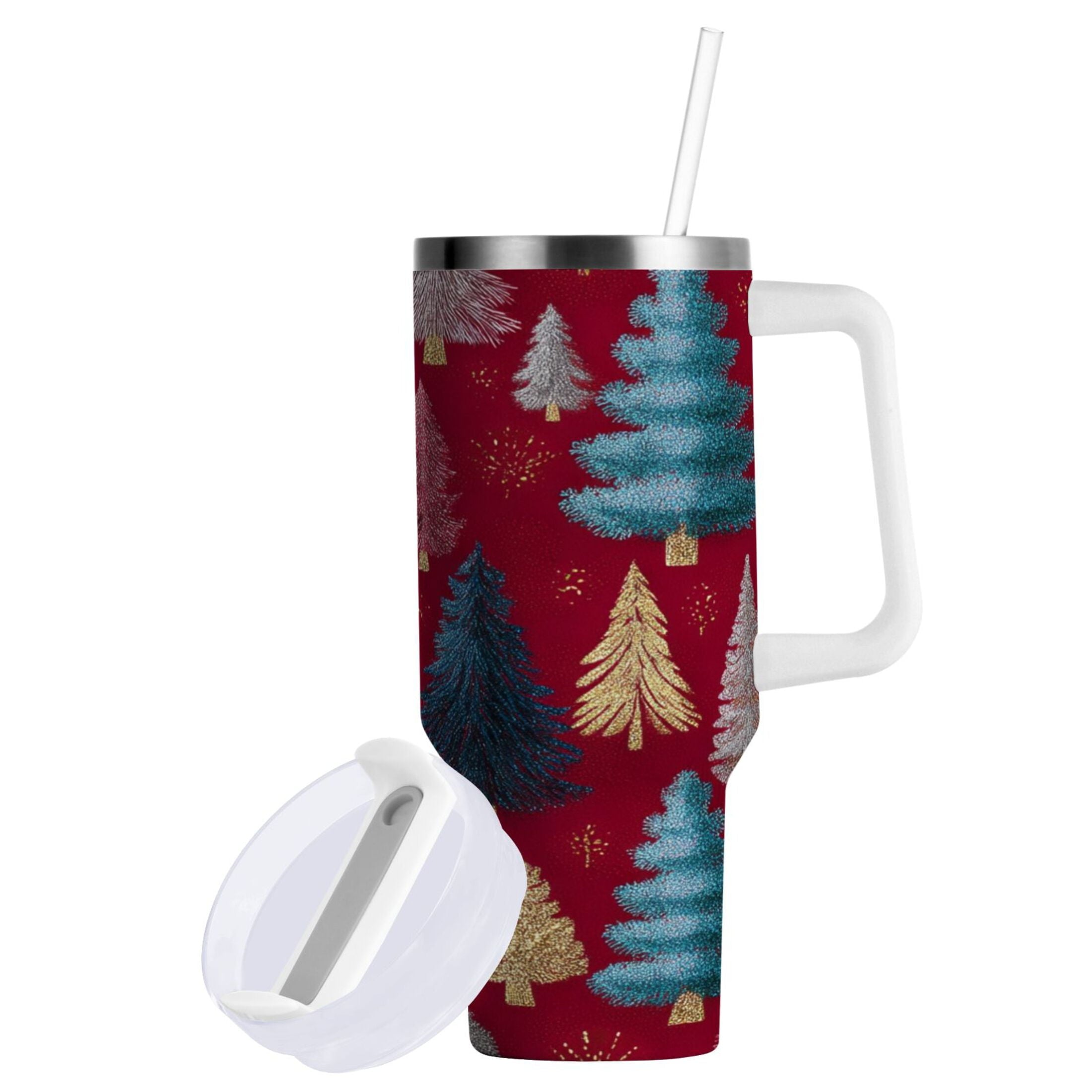 30 oz Insulated Stainless Steel Tumbler Double Wall Stainless Steel Tumbler with 2-Way Drinking Stylized Christmas Trees M644F
