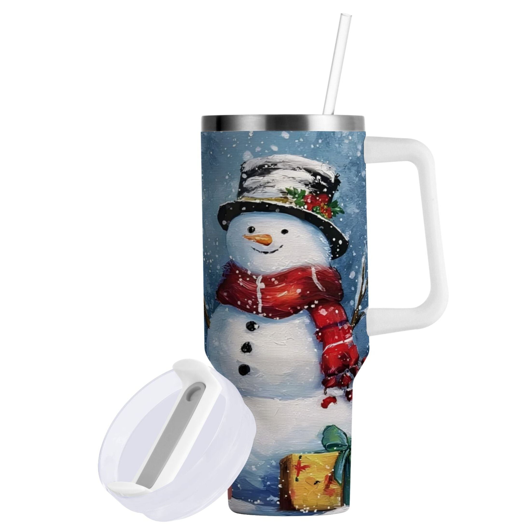 30 oz Insulated Stainless Steel Tumbler Double Wall Stainless Steel Tumbler with 2-Way Drinking Christmas Scene with Snowman M642Q