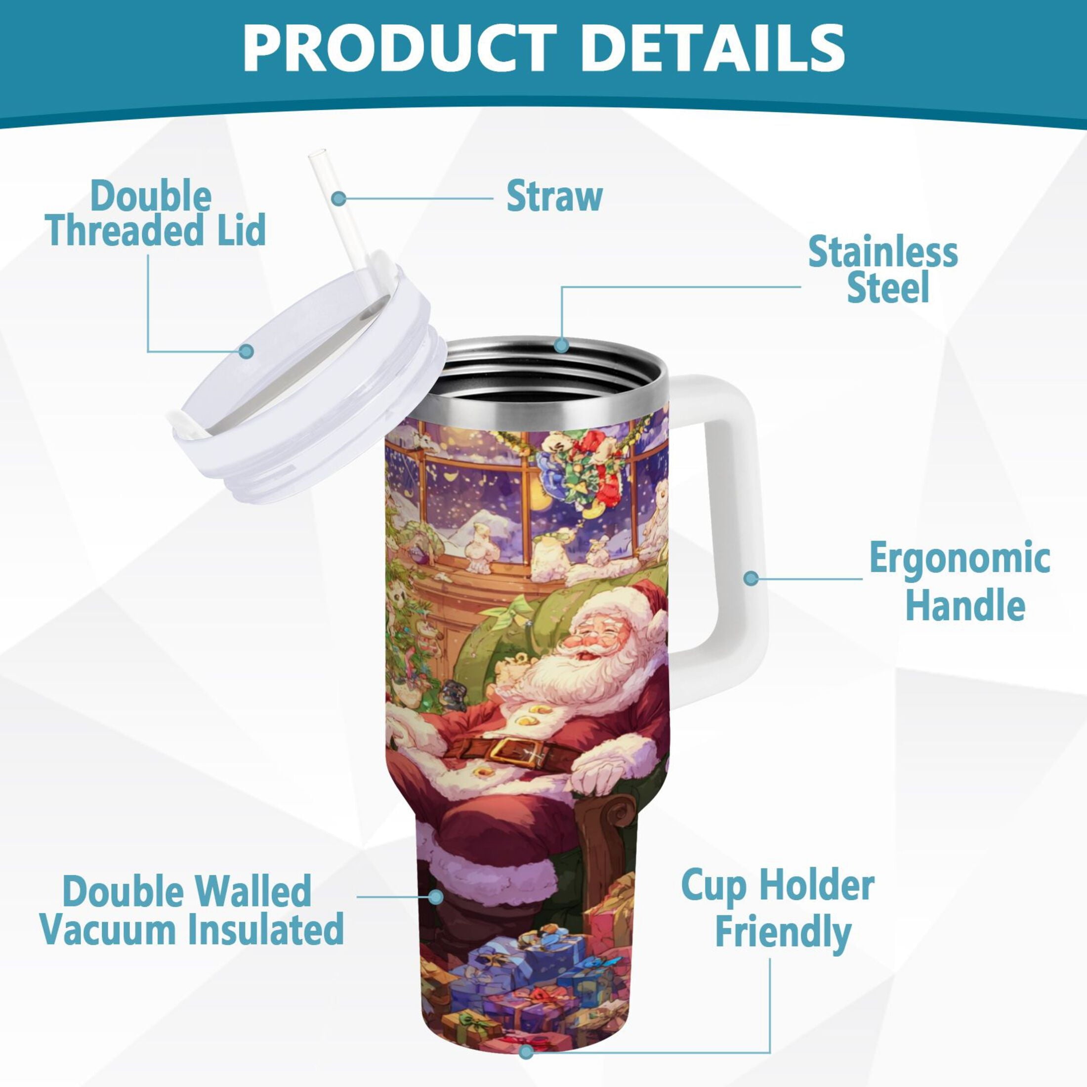 40 oz Insulated Stainless Steel Tumbler Double Wall Stainless Steel Tumbler with 2-Way Drinking Festive Christmas Scene M575A