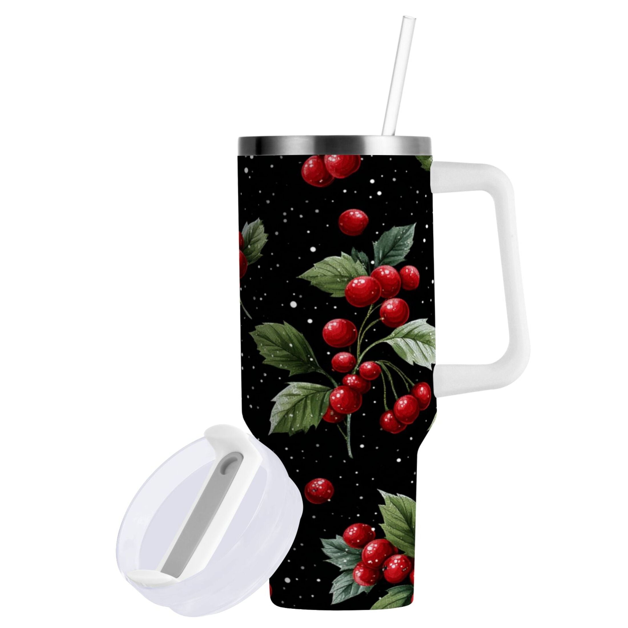 40 oz Insulated Stainless Steel Tumbler Double Wall Stainless Steel Tumbler with 2-Way Drinking Red Holly Berries Pattern M652L