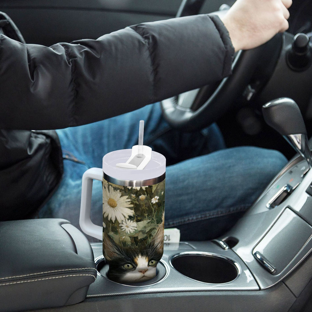30 oz Insulated Stainless Steel Tumbler Double Wall Stainless Steel Tumbler with 2-Way Drinking Adorable Cats and Daisies M602D