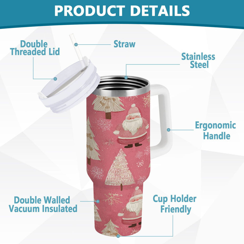 40 oz Insulated Stainless Steel Tumbler Double Wall Stainless Steel Tumbler with 2-Way Drinking Pink Santa Claus Pattern M527N