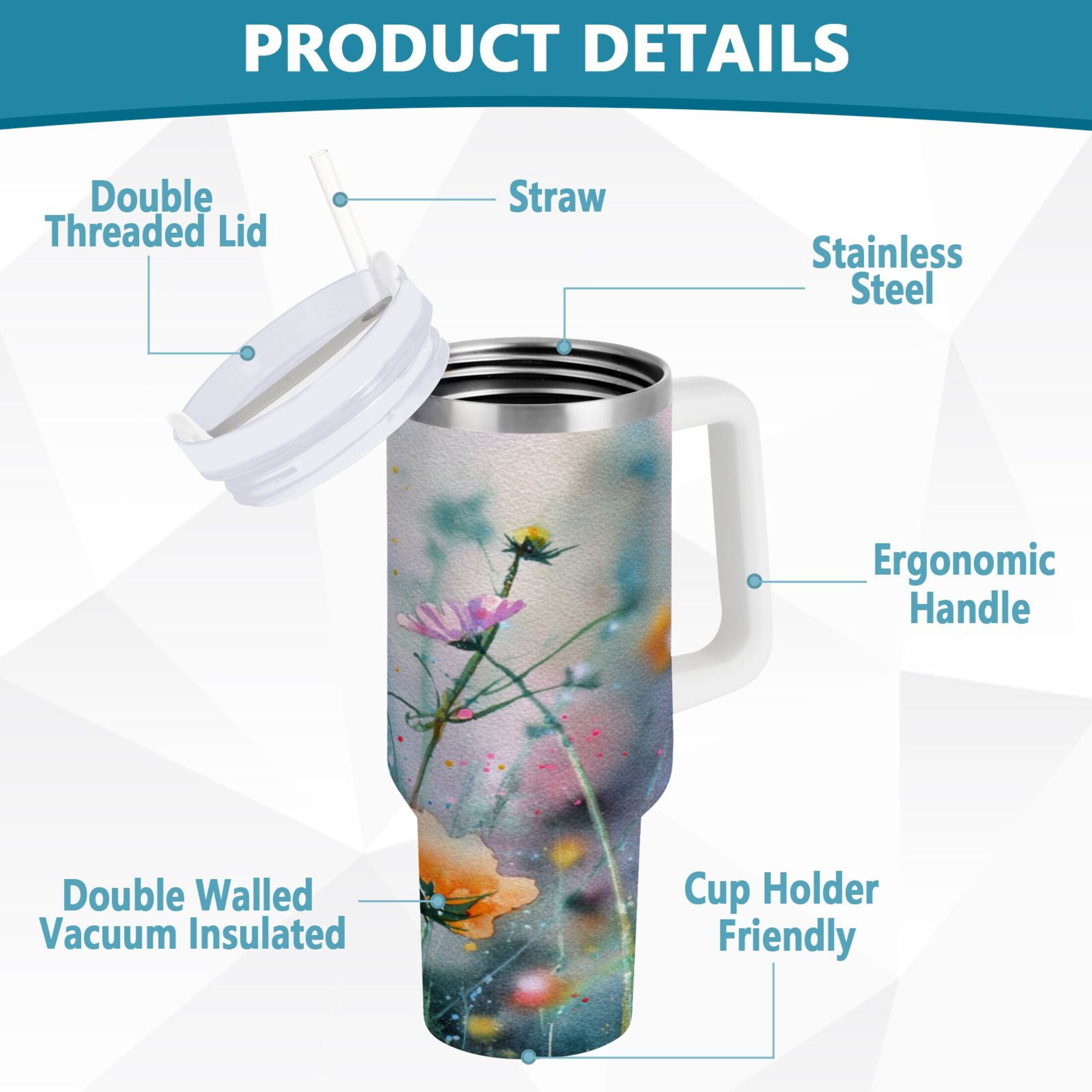 40 oz Insulated Stainless Steel Tumbler Double Wall Stainless Steel Tumbler with 2-Way Drinking Abstract Wildflowers M504D