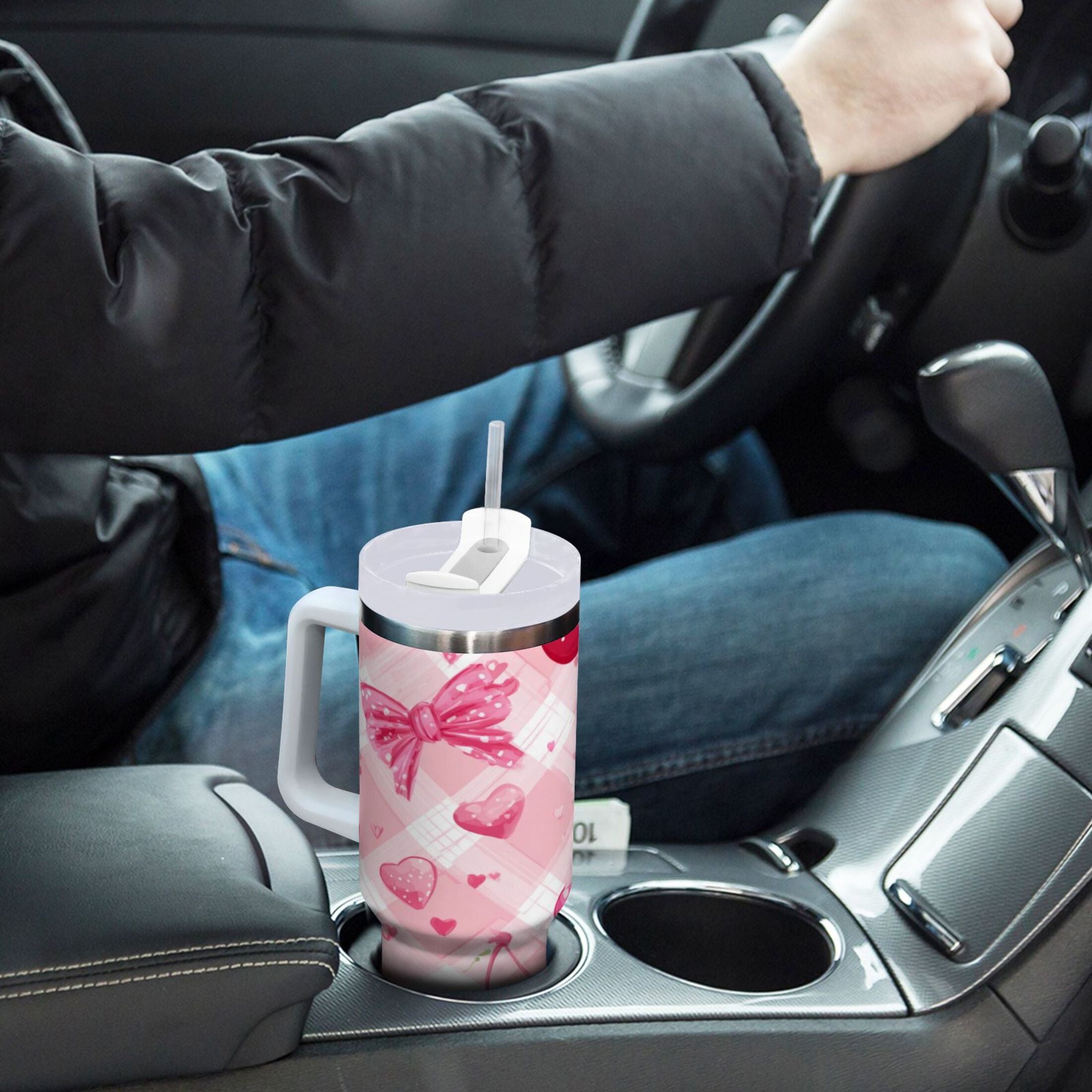 30 oz Insulated Stainless Steel Tumbler Double Wall Stainless Steel Tumbler with 2-Way Drinking Cherry and Pink Bow Pattern M617L