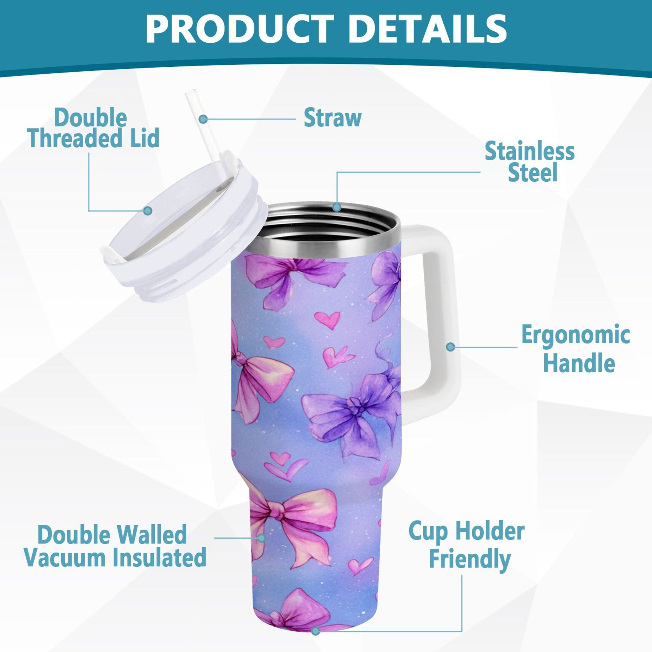 30 oz Insulated Stainless Steel Tumbler Double Wall Stainless Steel Tumbler with 2-Way Drinking Watercolor Bows Pattern M627P