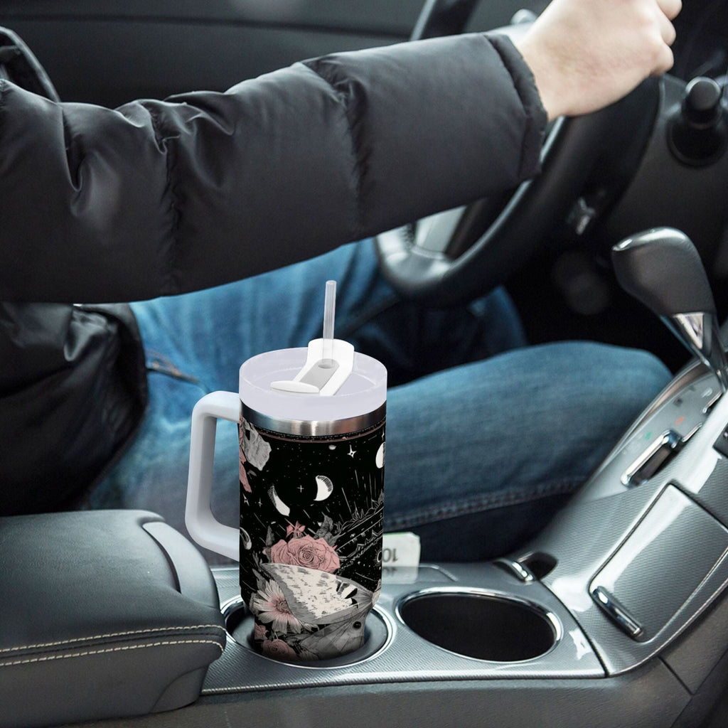40 oz Insulated Stainless Steel Tumbler Double Wall Stainless Steel Tumbler with 2-Way Drinking Butterfly Surrounded by Flowers M640R