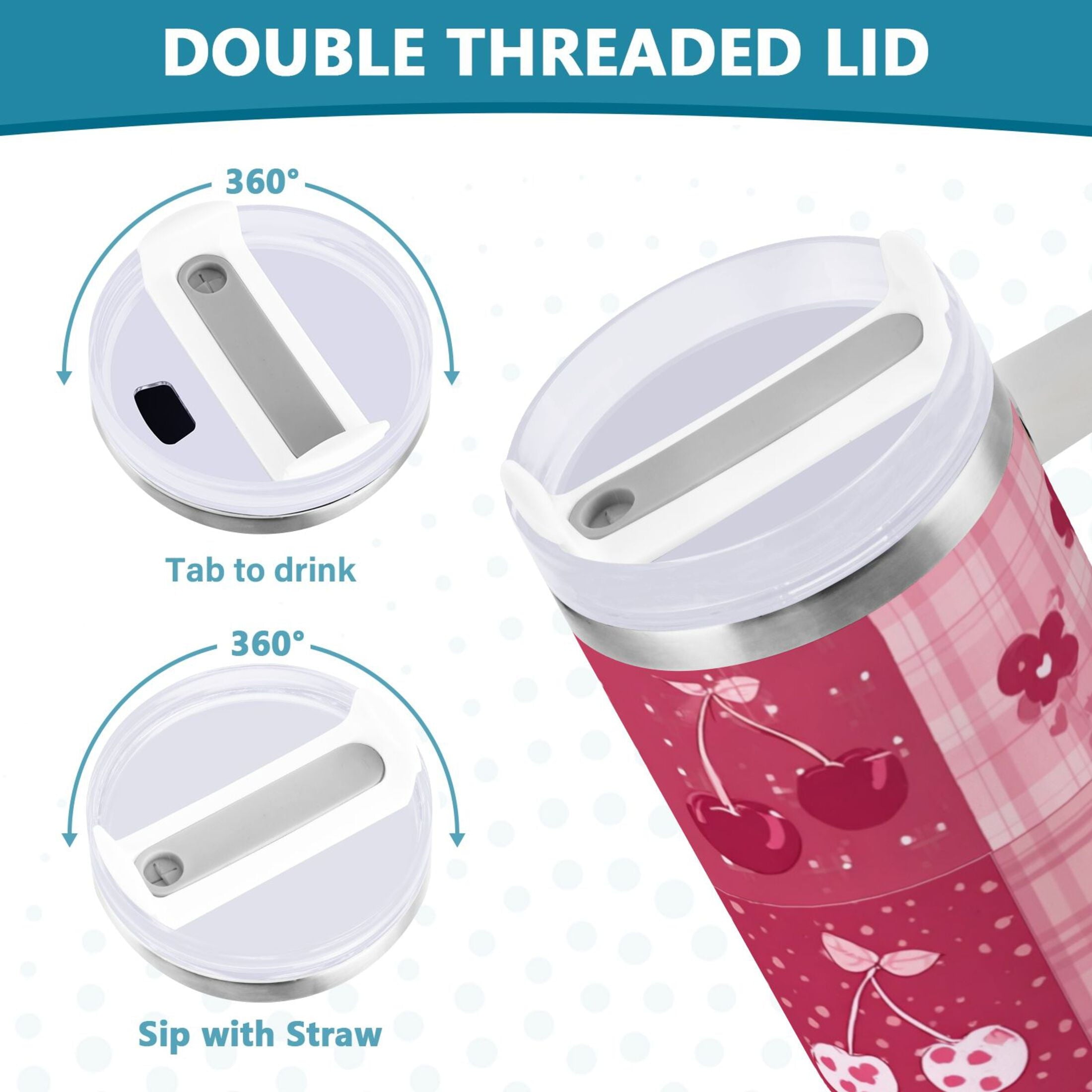 30 oz Insulated Stainless Steel Tumbler Double Wall Stainless Steel Tumbler with 2-Way Drinking Cherry Pattern with Bows M634P