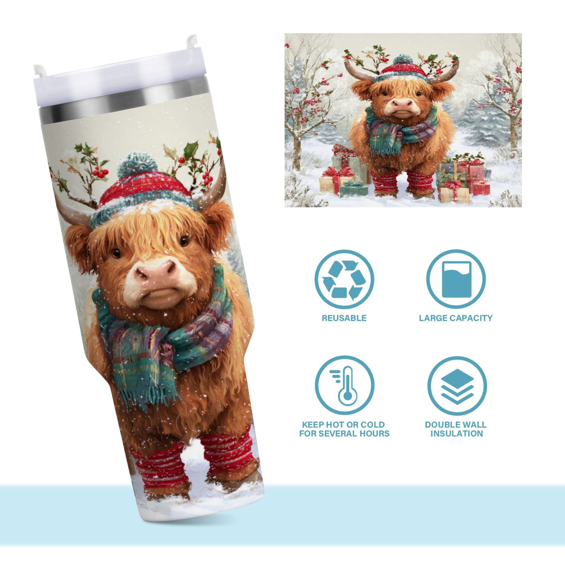30 oz Insulated Stainless Steel Tumbler Double Wall Stainless Steel Tumbler with 2-Way Drinking Cow Wearing Christmas Hat M681V