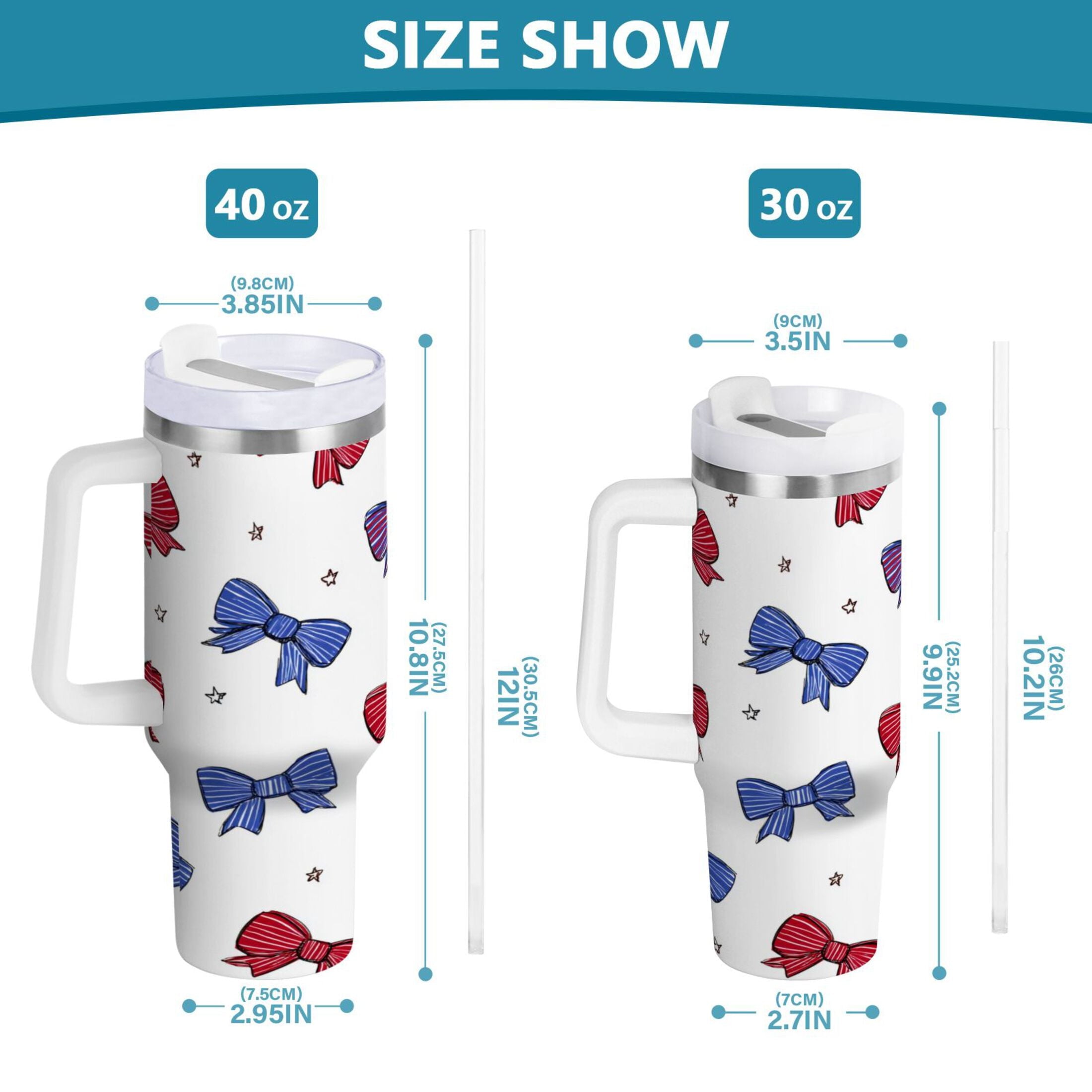 30 oz Insulated Stainless Steel Tumbler Double Wall Stainless Steel Tumbler with 2-Way Drinking Red and Blue Stripe Bows M656U