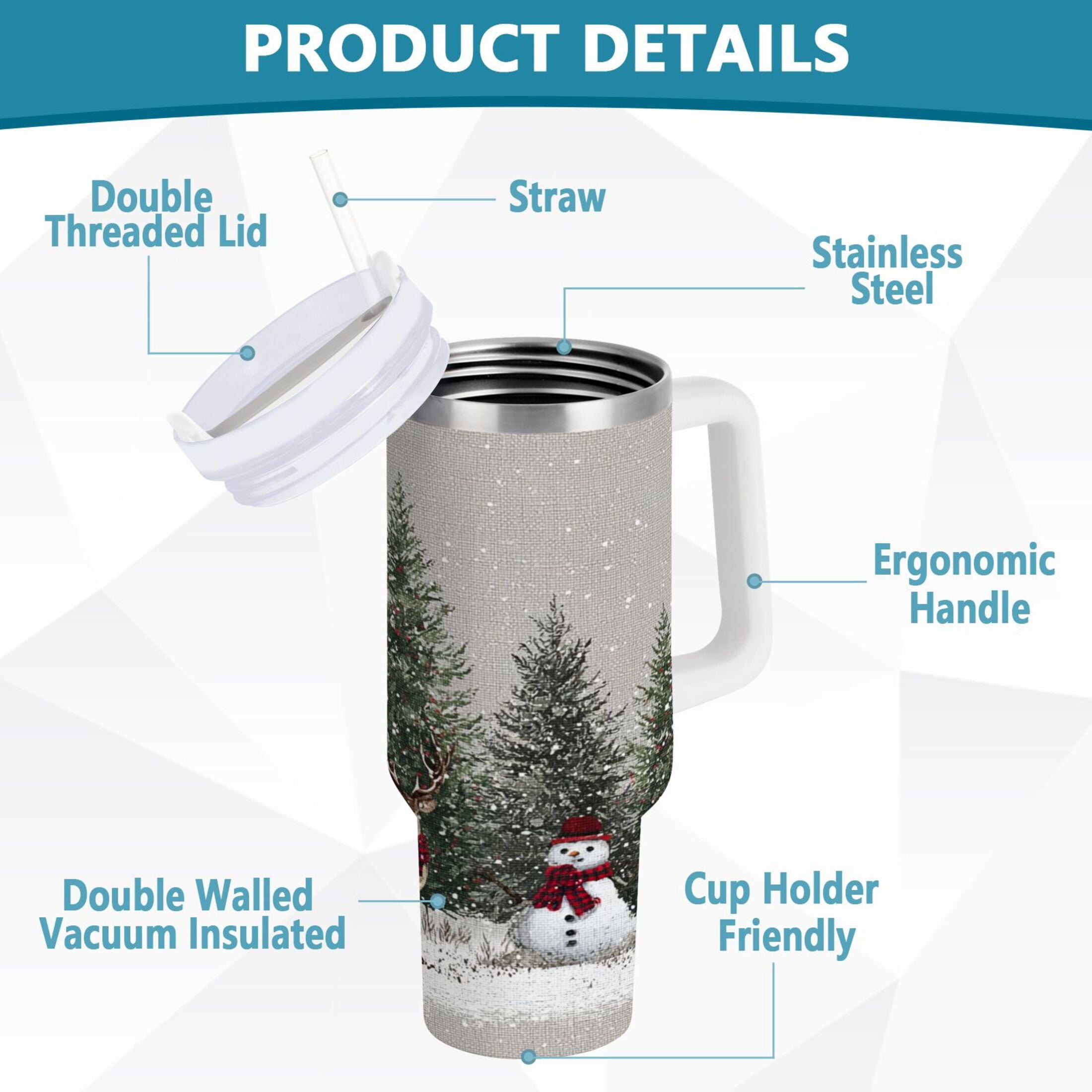30 oz Insulated Stainless Steel Tumbler Double Wall Stainless Steel Tumbler with 2-Way Drinking Christmas Deer and Snowmen M619N