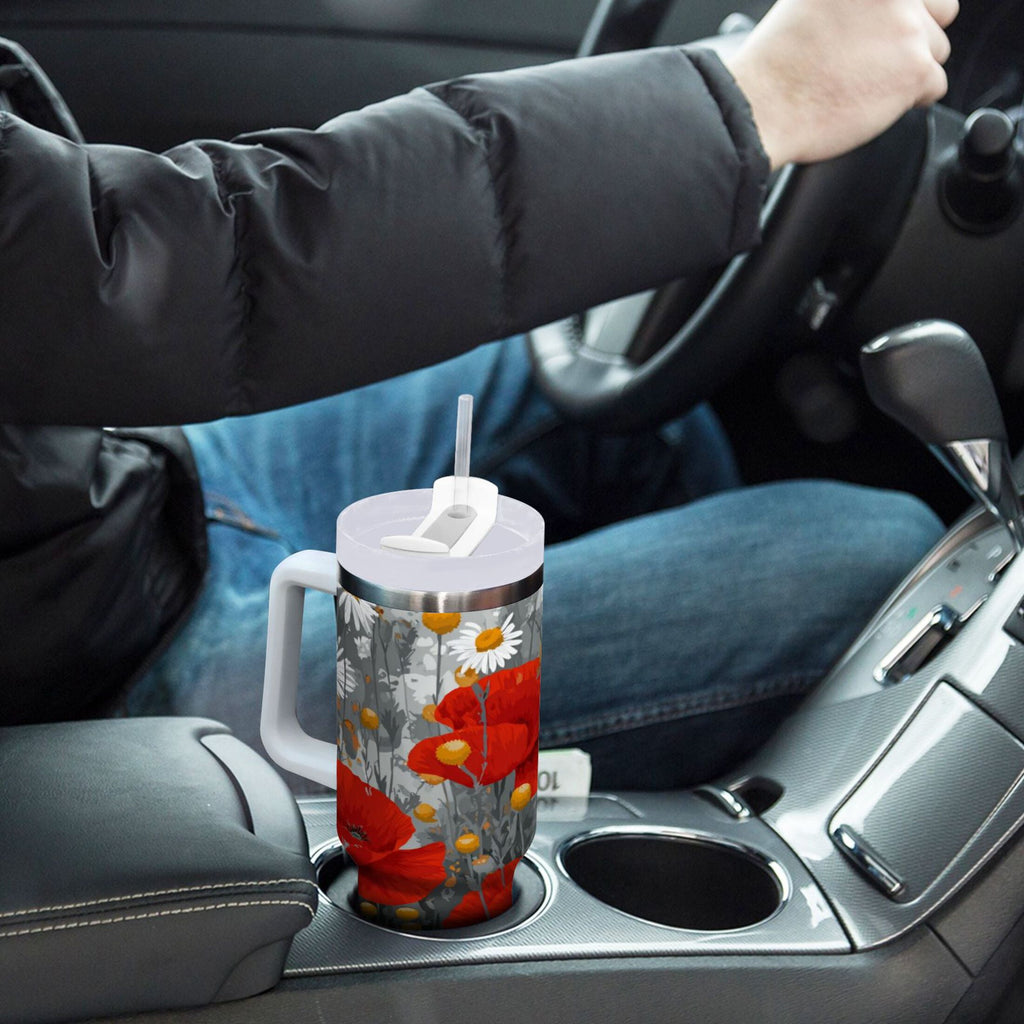 40 oz Insulated Stainless Steel Tumbler Double Wall Stainless Steel Tumbler with 2-Way Drinking Red Flowers and Daisies M498G