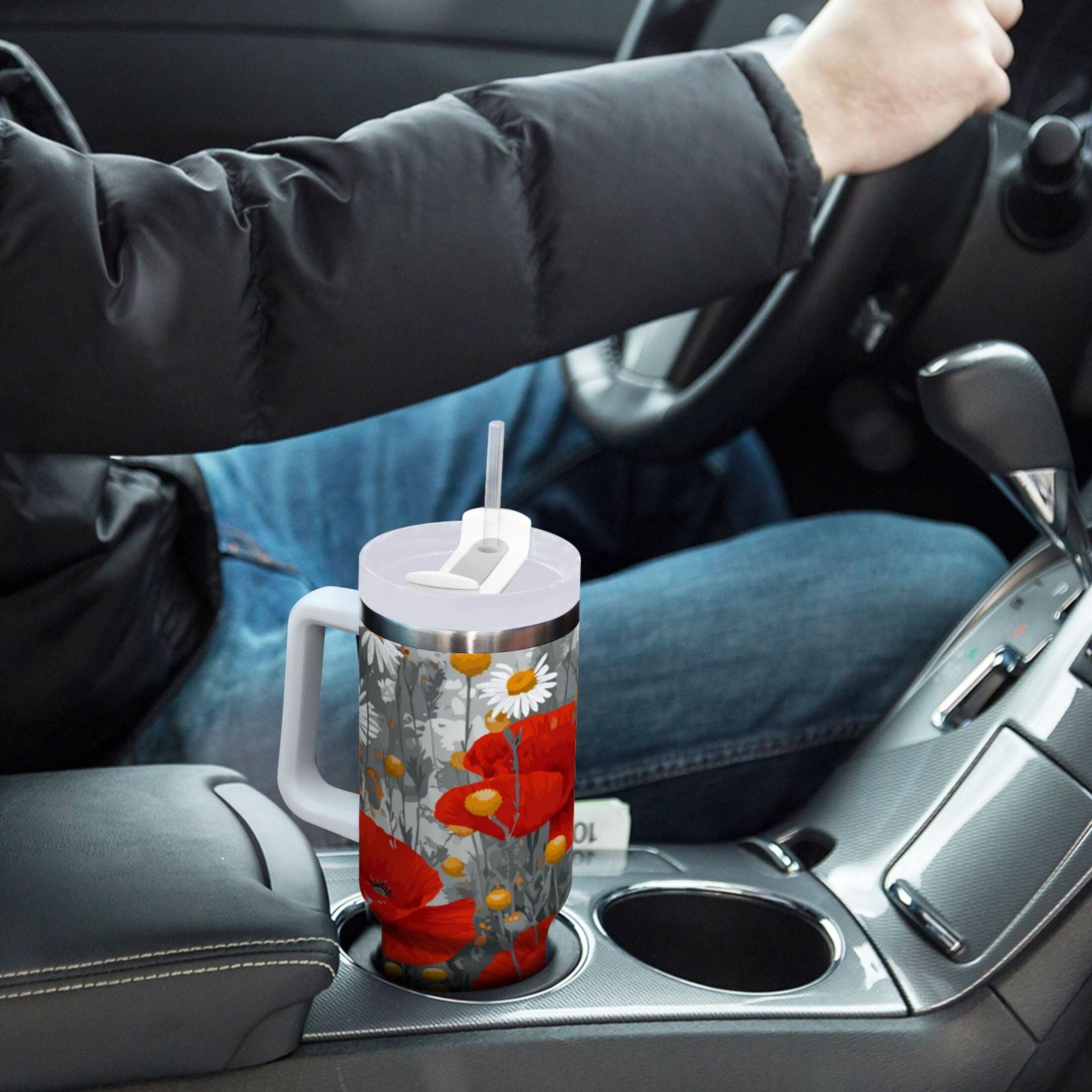 40 oz Insulated Stainless Steel Tumbler Double Wall Stainless Steel Tumbler with 2-Way Drinking Red Flowers and Daisies M498G