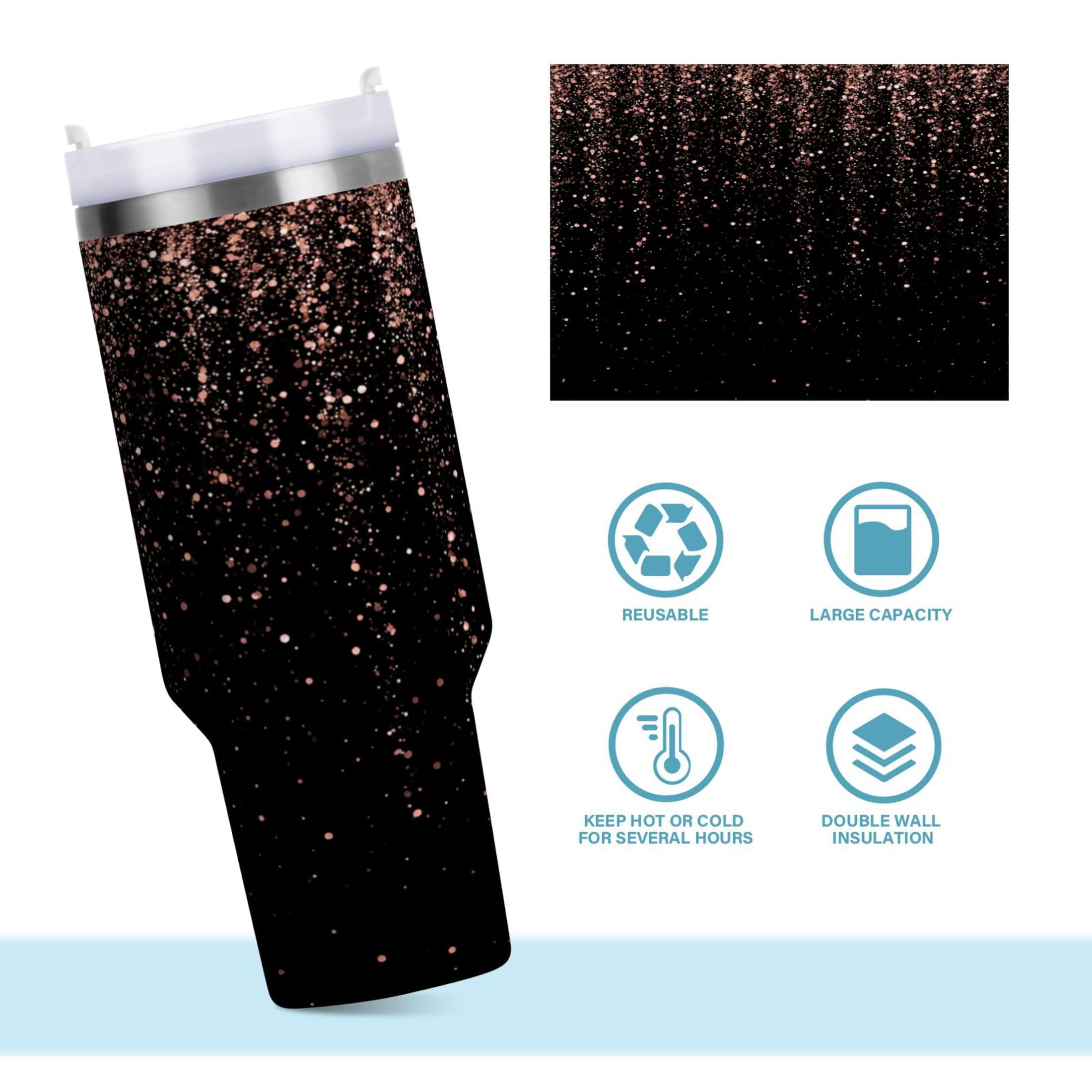 40 oz Insulated Stainless Steel Tumbler Double Wall Stainless Steel Tumbler with 2-Way Drinking Rose Gold Glitter M589E